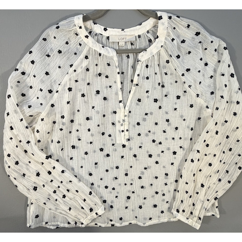 LOFT Blouse Womens Medium White Black Excellent Floral Gauze Henley Top